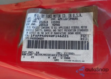 1998 Ford Mustang z USA, uszkodzony, nr VIN 1FAFP4044WF146221